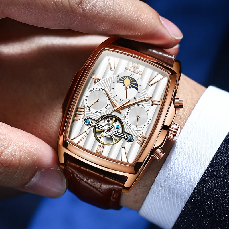 OLEVS Mechanical Movement Leather Strap Watch Men's Watches White Dial-1
