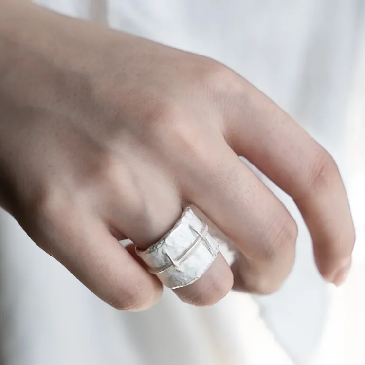 M.Wong Handmade Textured Distressed Burnished 925 Sterling Silver Open Ended Ring Couple Rings Unisex-3