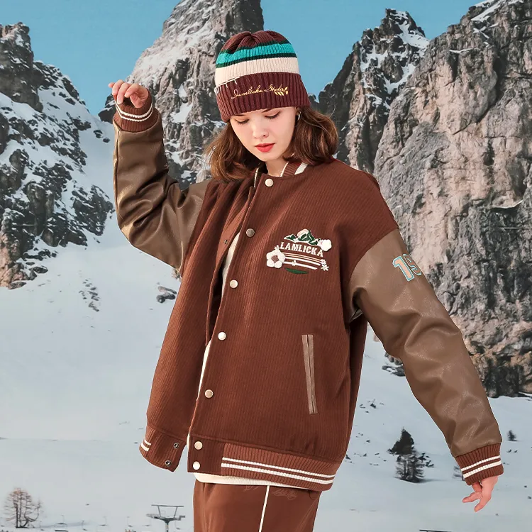 LAMLICKA Solid Color Baseball Collar Loose Fit Puffer Jacket Unisex Brown-7