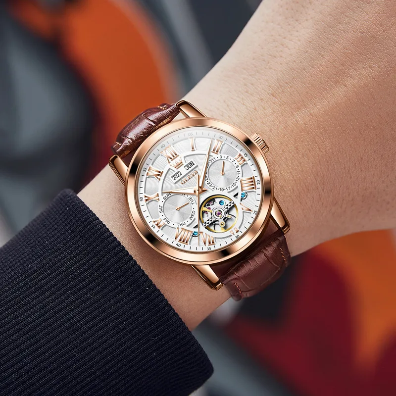 OLEVS Play The Cool Series Automatic Mechanical Movement Leather Strap Watch Men's Watches White Dial-26