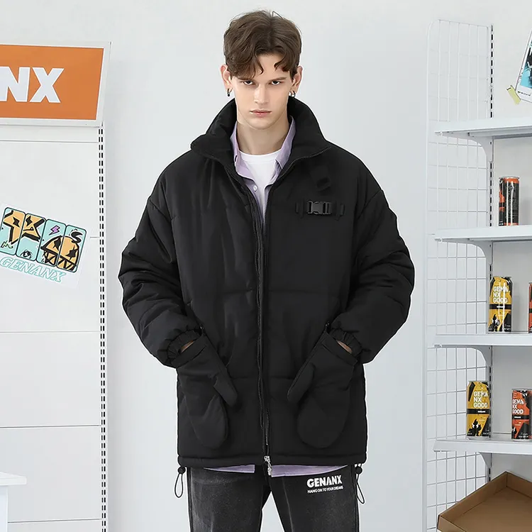 GENANX Solid Color Stand Collar Loose Fit Thickened Puffer Jacket Unisex-3