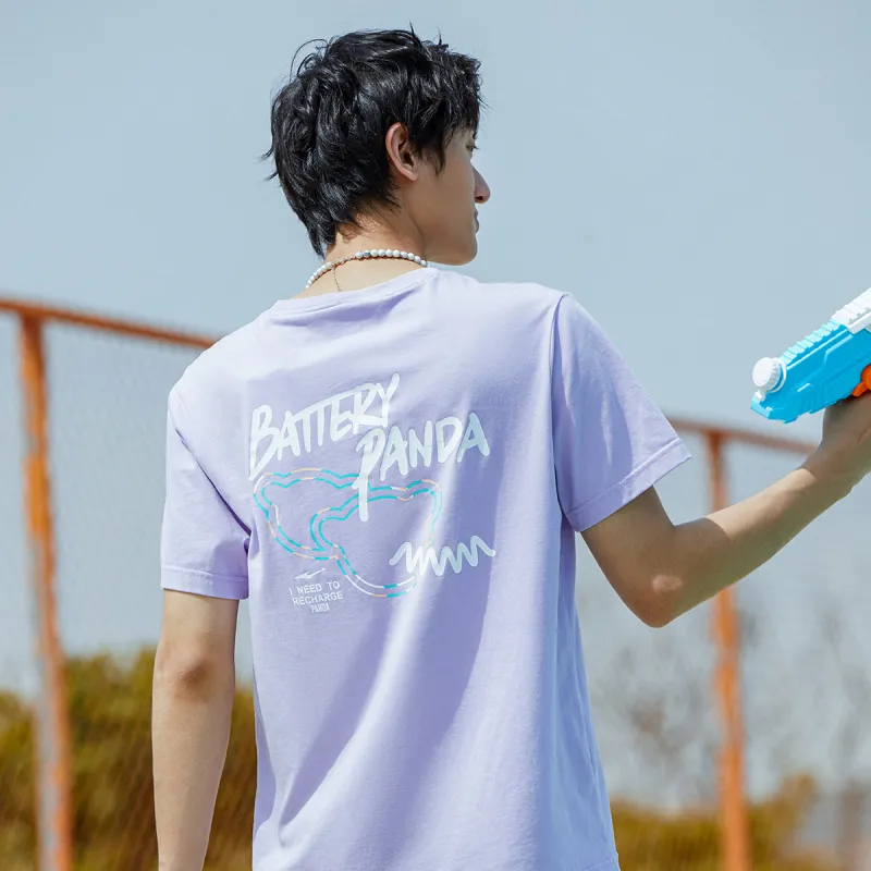 Erke Battery Panda Crew Neck Fitted Straight Short Sleeved T Shirt Men's Air Purple-2