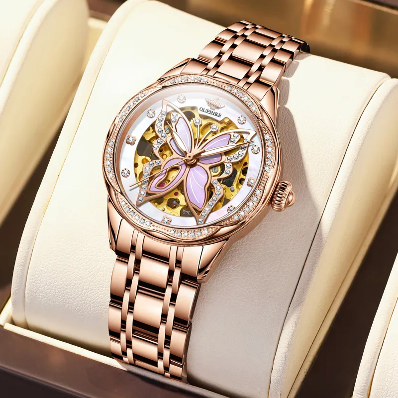 Oupinke AIR-BORN Collection Ceramic Rhinestone-Embellished Mechanical Movement Watch Women's Watch White Dial-8