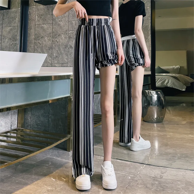 MITUAN Casual Pants Women's Black White Stripes-4