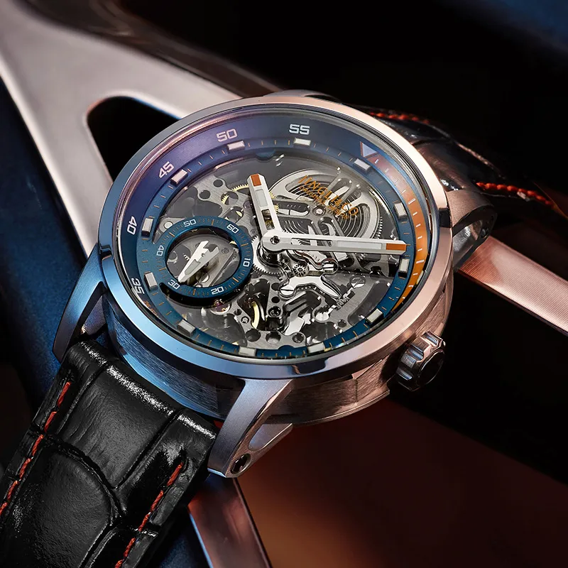 JINLERY Machine Automatic Mechanical Movement Genuine Leather Strap Watch Men's Watches Cut-Out Dial J9033-16