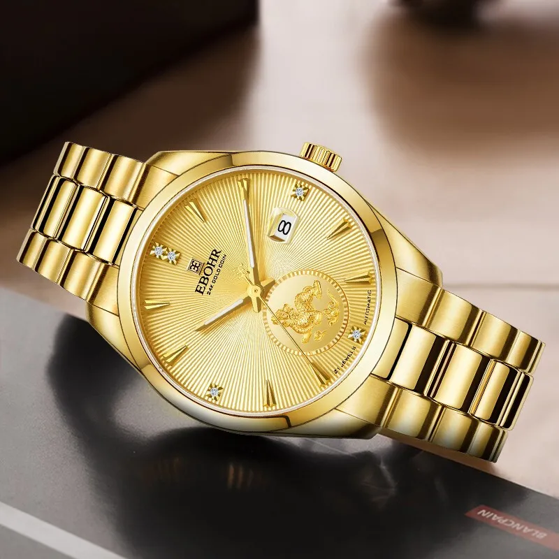 EBOHR Mechanical Movement Stainless Steel Strap Watch Unisex Gold Dial 21334118-7