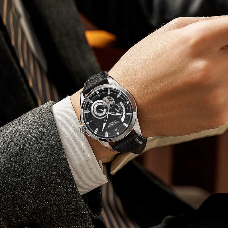ROLENDO R Wisdom Series Automatic Mechanical Movement Cowhide Strap Watch Men's Watches Black Dial-5