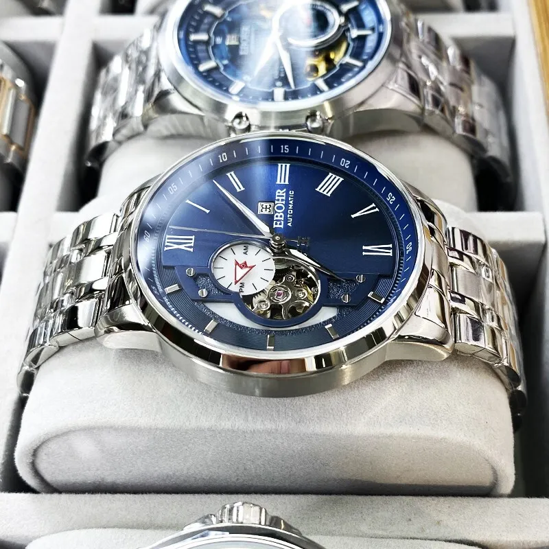EBOHR Mechanical Movement Stainless Steel Strap Watch Unisex Blue Dial 19081316-3