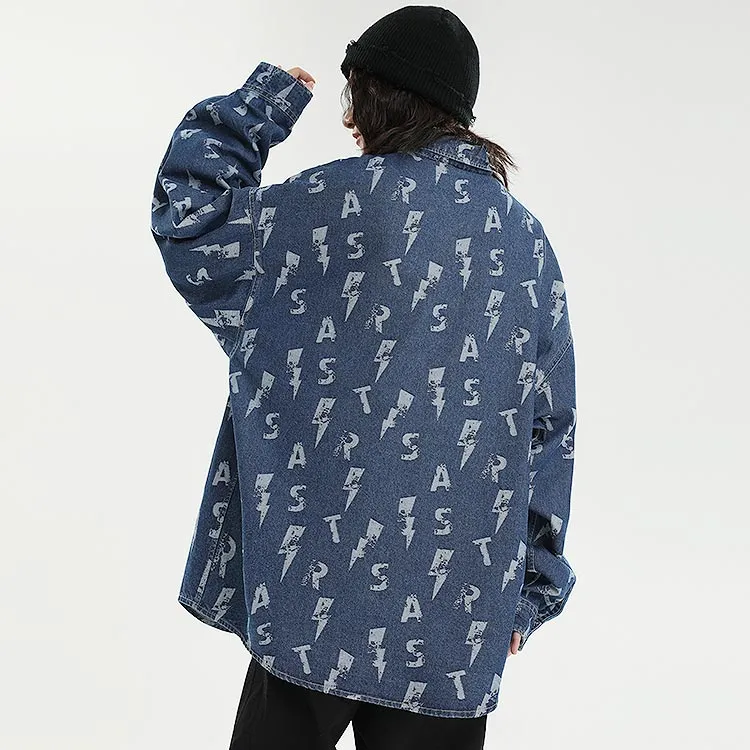 LOMBT Letter All Over Print Heavy Washed Denim Shirt Spring And Autumn Unisex Blue-3