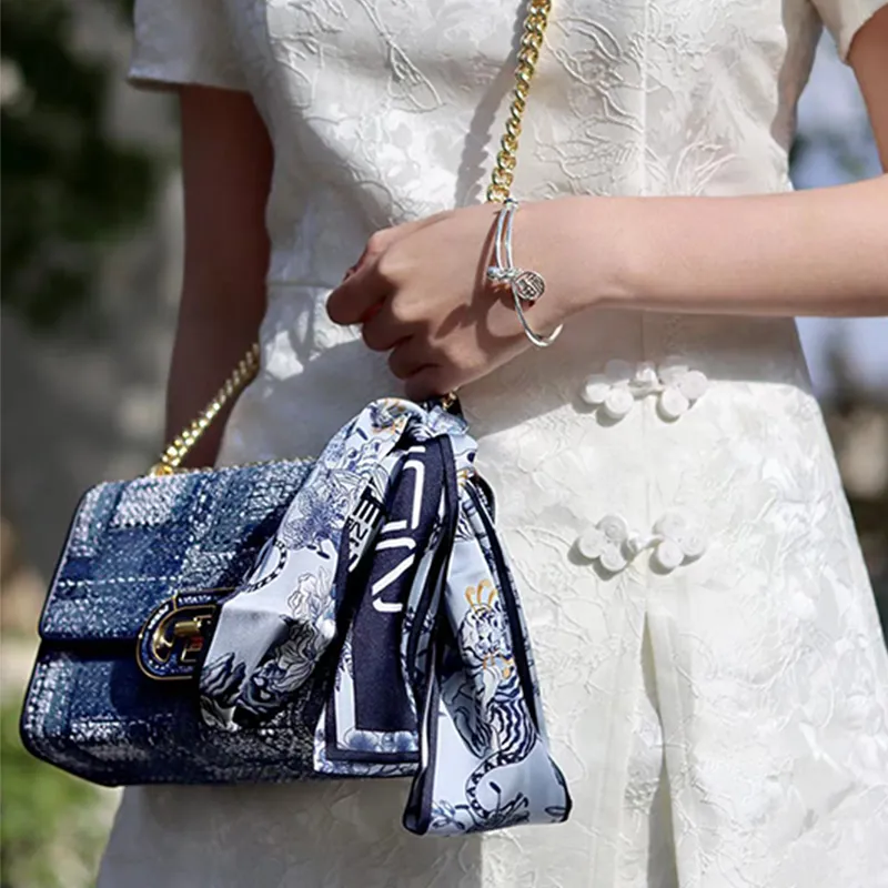 FION Fabric Box Bag, Small Square Bag, Shoulder Bag, Crossbody Bag Small Size Women's Dark Blue-4
