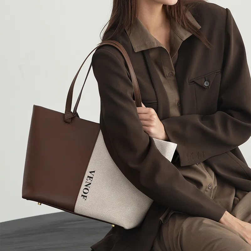 VENOF Cow Leather Tote Bag Shopping Bag Shoulder Bags Large Size Women's Moonlit Coffee * Cloudy Black-8