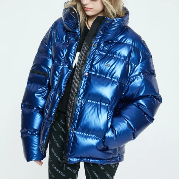 DKNY FW22 Solid Color Lapel Loose Fit Thickened Down Jacket Women's Metal Blue-5