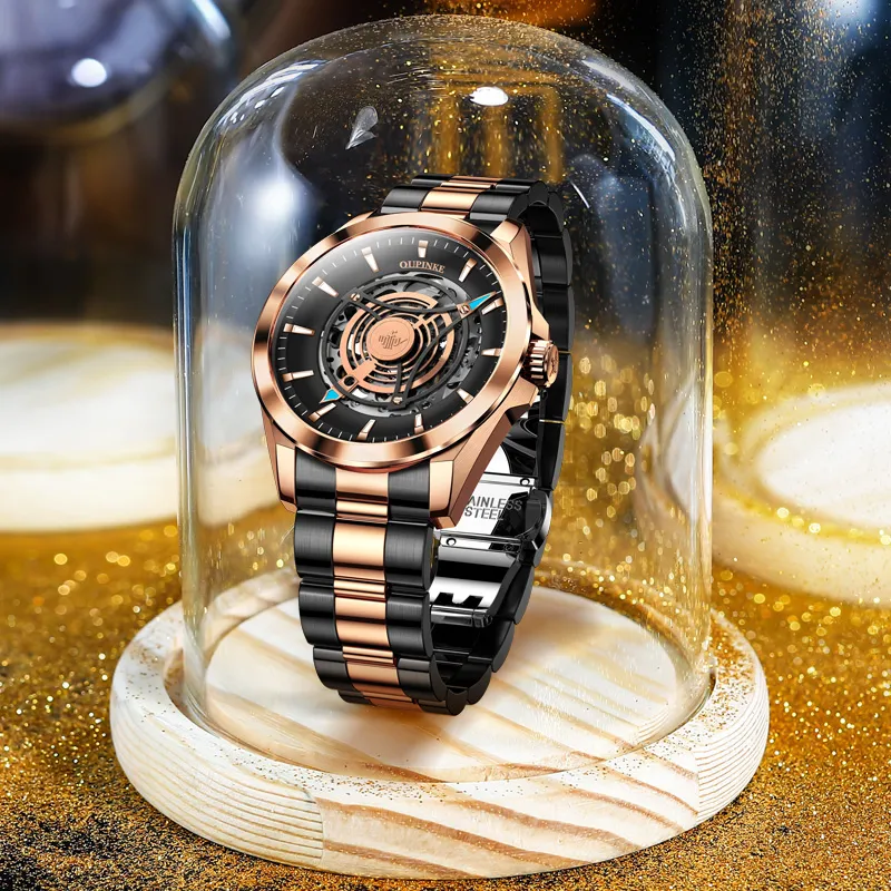 Oupinke Sky Eye Collection Mechanical Movement Stainless Steel Watchband Watch Men's Watches Black Dial-14