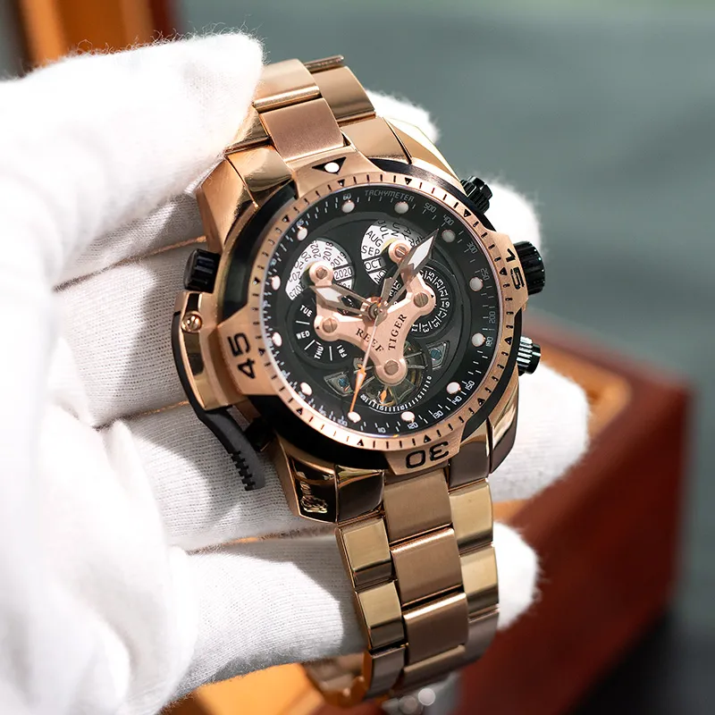 REEF TIGER Mechanical Movement Steel Strap Watch Men's Watches Black Dial-4