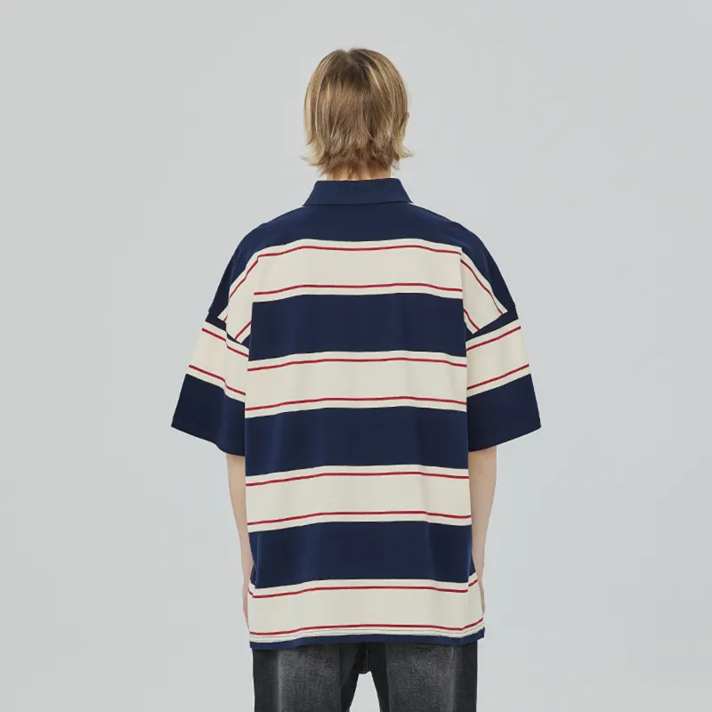 CLIMAX VISION Polo Shirts Unisex Navy Blue Beige Stripes-3