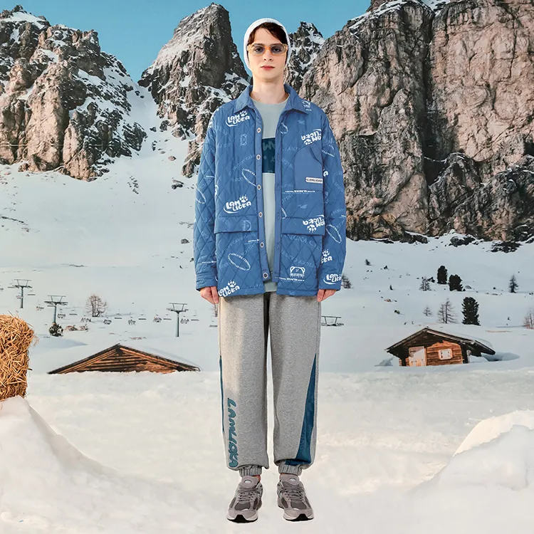 LAMLICKA Letter Lapel Loose Fit Thickened Puffer Jacket Unisex Blue-4