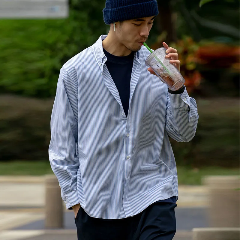 URBAN STANDARD Shirts Men Blue White Stripes-4