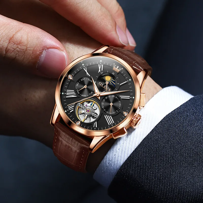 OLEVS Wisdom Series Mechanical Movement Leather Strap Watch Men's Watches Black Dial-28