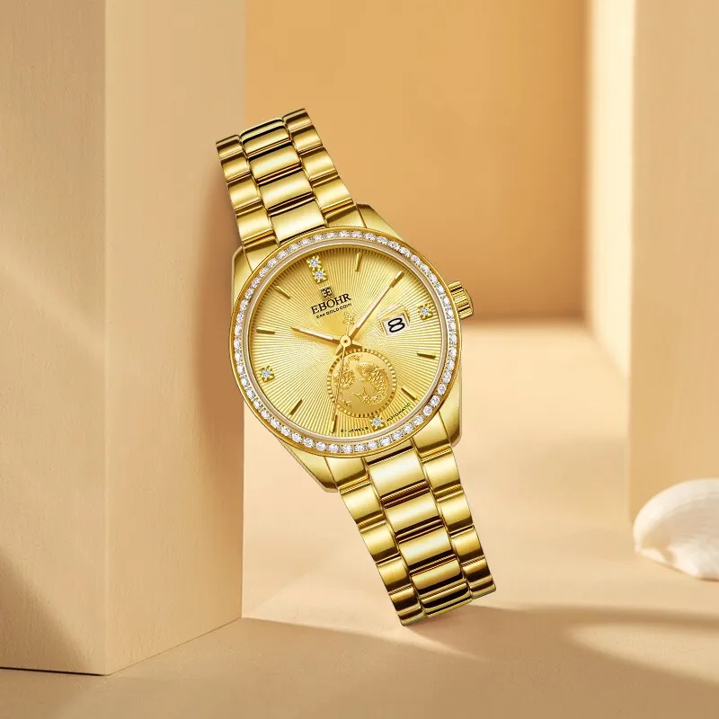 EBOHR Mechanical Movement Stainless Steel Strap Watch Unisex Gold Dial 21334118-12