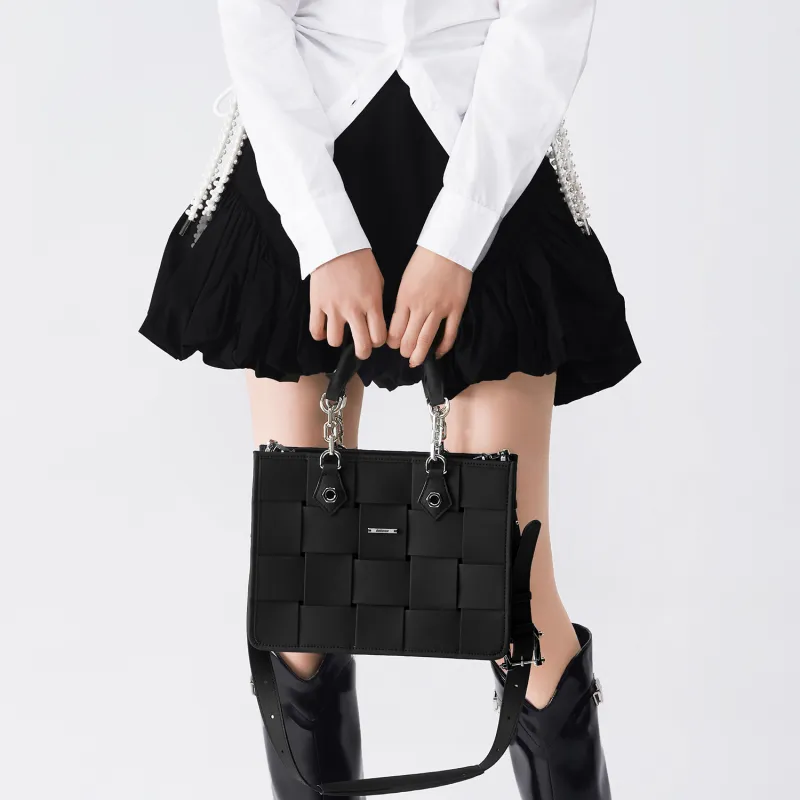 BABAMA Synthetic Leather Woven Bag Tote Bag Shopping Bag Crossbody Bag Handbag Mini Women's Black-3