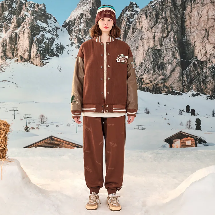 LAMLICKA Solid Color Baseball Collar Loose Fit Puffer Jacket Unisex Brown-2