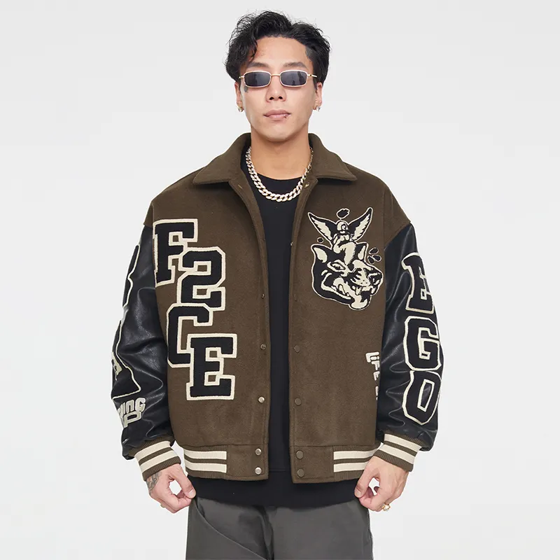 FIRE 2 COLD EGO FW22 Thickened Baseball Jacket Spring And Autumn Unisex Dark Brown-2