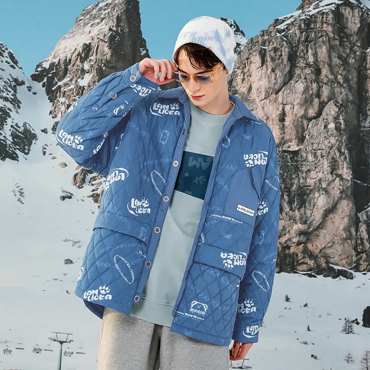 LAMLICKA Letter Lapel Loose Fit Thickened Puffer Jacket Unisex Blue-5