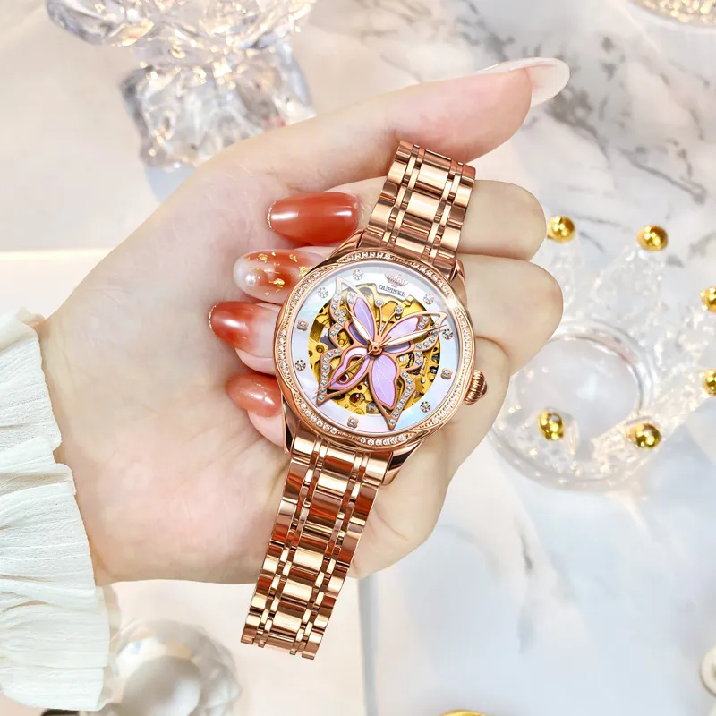 Oupinke AIR-BORN Collection Ceramic Rhinestone-Embellished Mechanical Movement Watch Women's Watch White Dial-9