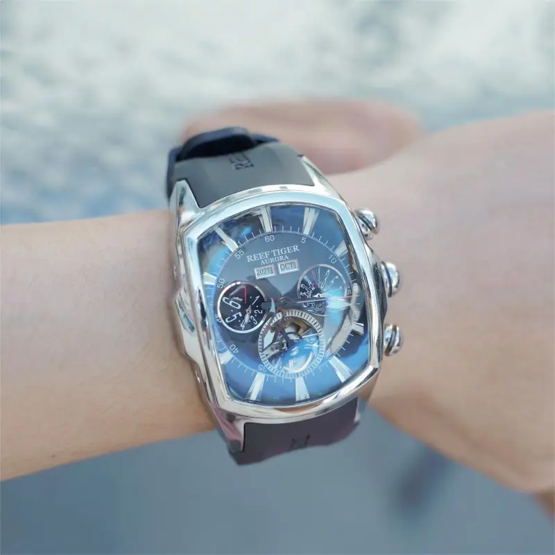 REEF TIGER Aurora Collection Tank II Automatic Mechanical Movement Watch Men's Watches Blue Dial-4
