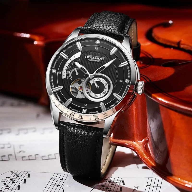 ROLENDO R Wisdom Series Automatic Mechanical Movement Cowhide Strap Watch Men's Watches Black Dial-1