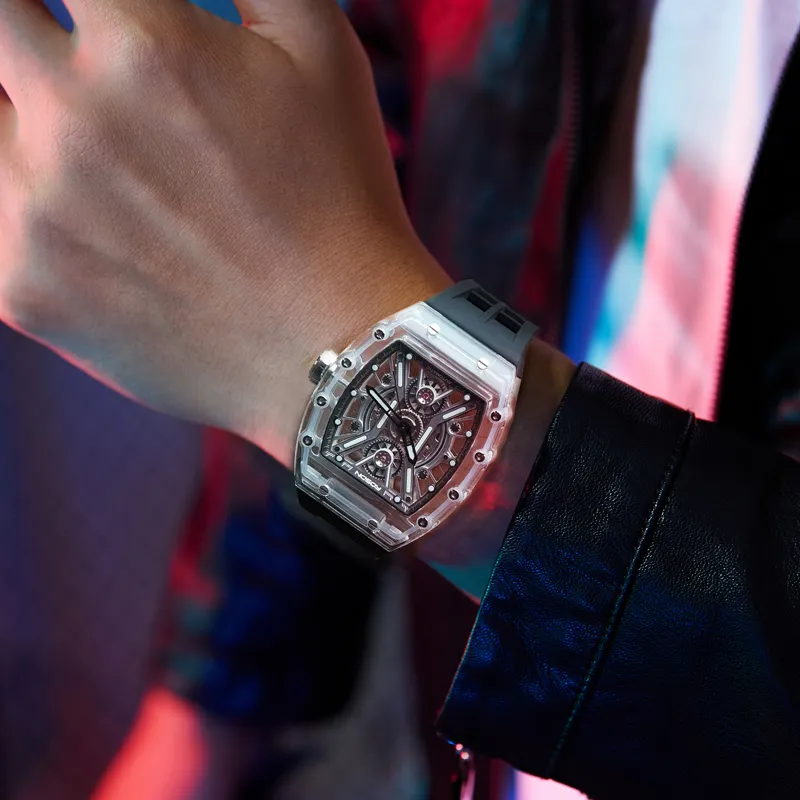 ROSDN Trendy Fashion Collection Automatic Mechanical Movement Silicone Strap Watch Men's Watches Cut Out Dial G2702-2
