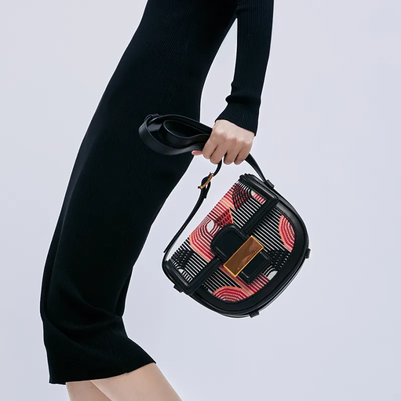 CHARLES&KEITH PU, Textile Mixture Saddle Bag, Crossbody Bag Medium Size Women's Multicolor-3