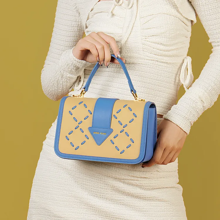 Gong Xuan Cow Leather Crossbody Handbag Regular Women's Yellow Blue Color Block-6