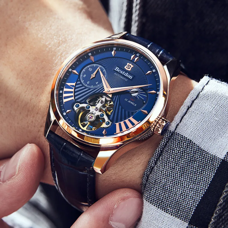 Bestdon Automatic Mechanical Movement Genuine Leather Strap Men's Watches Black Dial-7