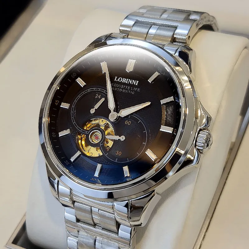 LOBINNI L Automatic Mechanical Movement Genuine Leather Strap Watch Men's Watches Silver Dial-2