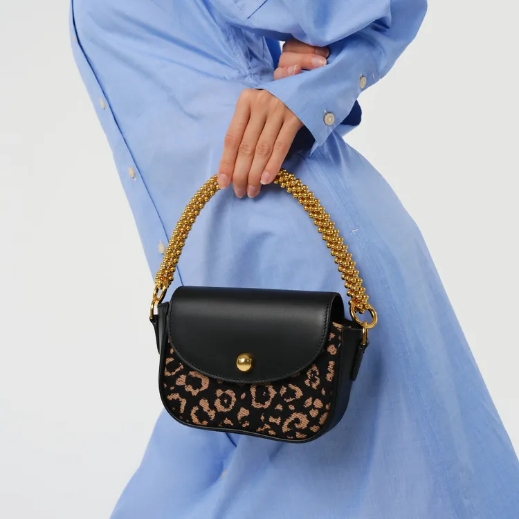 CHARLES&KEITH Cow Leather Envelope Bag, One Shoulder Handbag Women's Sand/Animal Print Black Brown-8