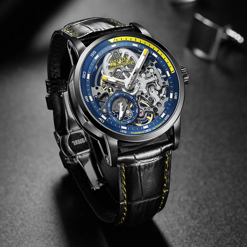 JINLERY Machine Automatic Mechanical Movement Genuine Leather Strap Watch Men's Watches Cut-Out Dial J9033-33