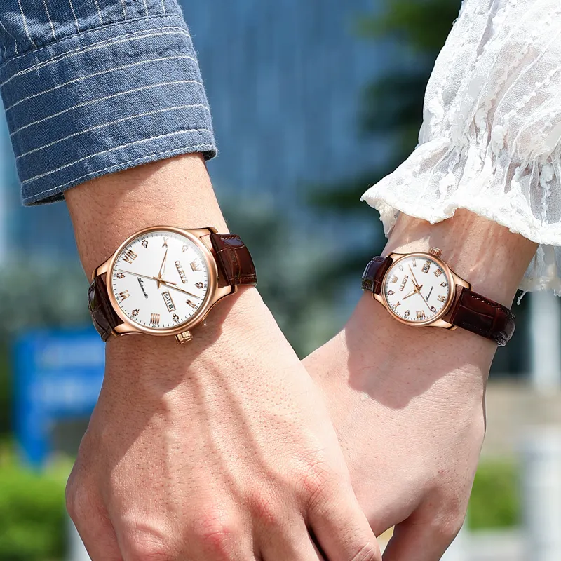 OLEVS Heart to Heart Knot Collection Mechanical Movement Leather Strap Watch Unisex White Dial-5