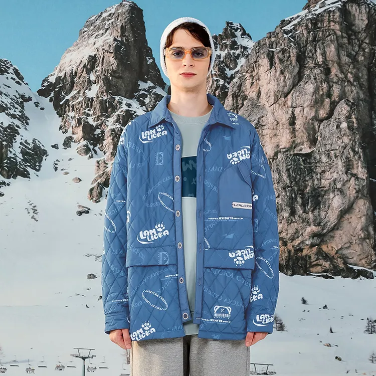 LAMLICKA Letter Lapel Loose Fit Thickened Puffer Jacket Unisex Blue-2