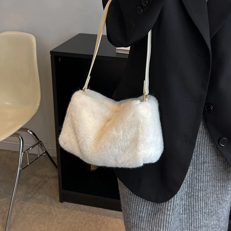 JANE KLAIN Plush Small Square Bag Shoulder Bag Medium Size Women's White/Apricot/Pink-2