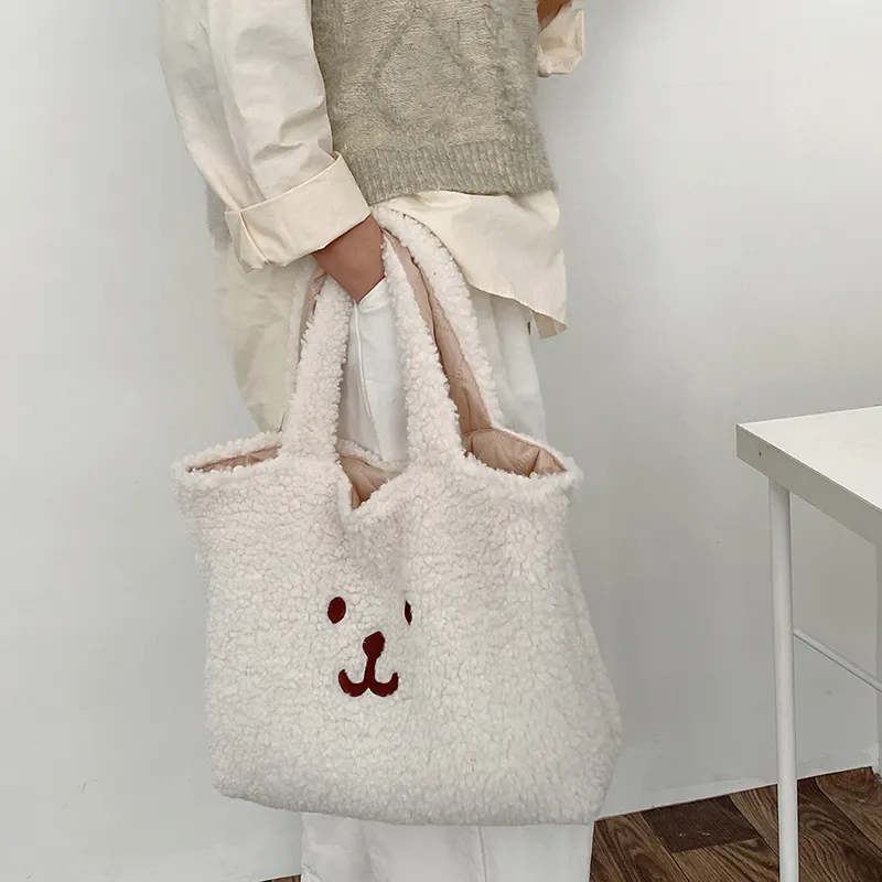 JANE KLAIN Plush Handbag Shoulder Bag Medium Size Women's Ecru/Khaki-3
