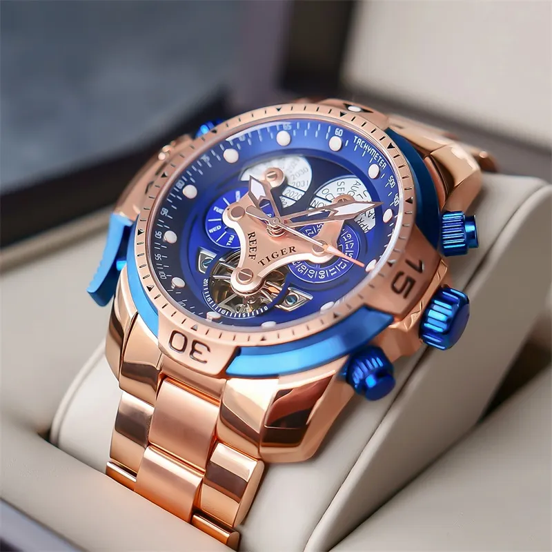 REEF TIGER Mechanical Movement Steel Strap Watch Men's Watches Black Dial-6