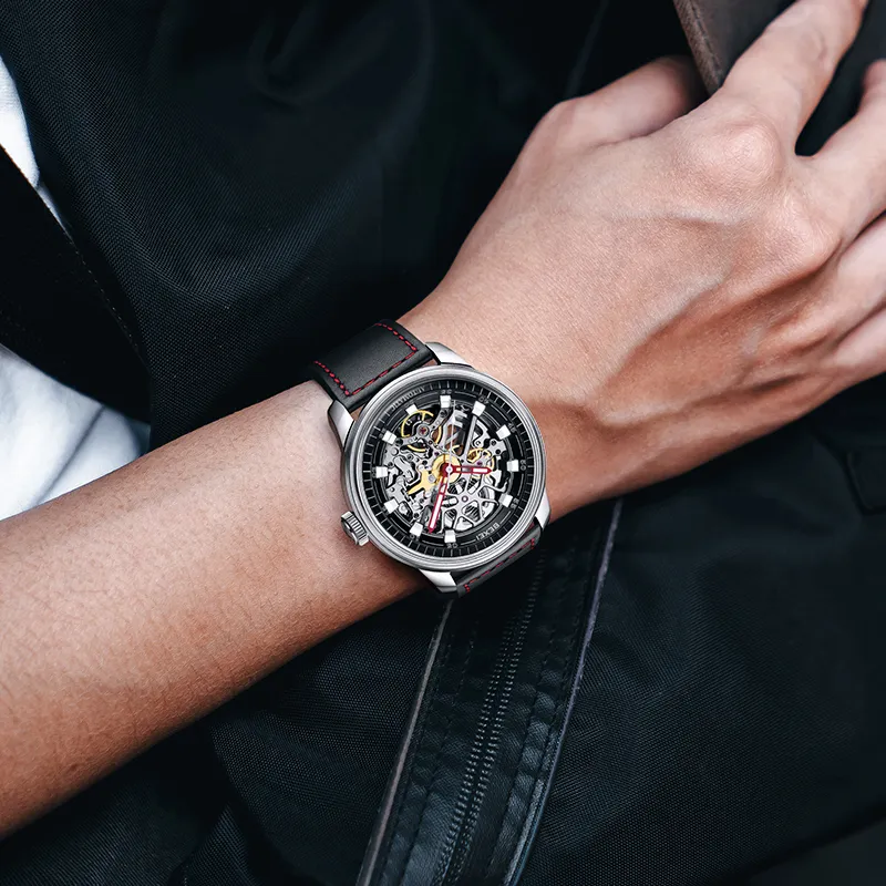 BEXEI Automatic Mechanical Movement Genuine Leather Strap Watch Men's Watches Cut-Out Dial 9109-LKYH-3