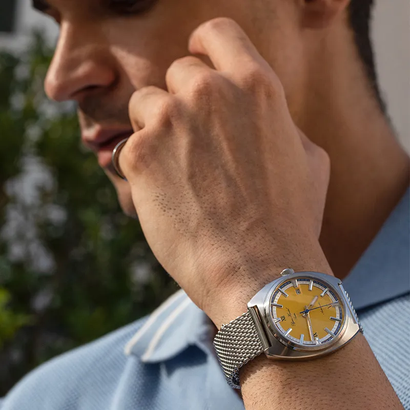 BJORN HENDAL Pino Collection Wrist Watch Mechanical Movement Stainless Steel Strap Yellow Watch Dial Unisex A02SA6BS-1