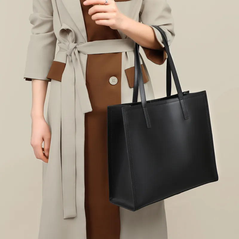 VINEY Cow Leather Shoulder Bag Handbag Tote Bag Shopping Bag Large Size Women's Black-4