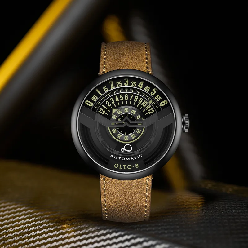 OLTO 8 UFO Series Wrist Watch Automatic Mechanical Movement Genuine Leather Strap Black Dial Men's Watches IF1 S3433-4
