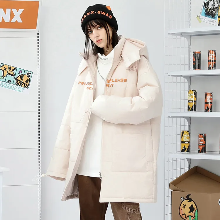 GENANX Letter Detachable Hood Loose Fit Mid Length Puffer Jacket Unisex-11