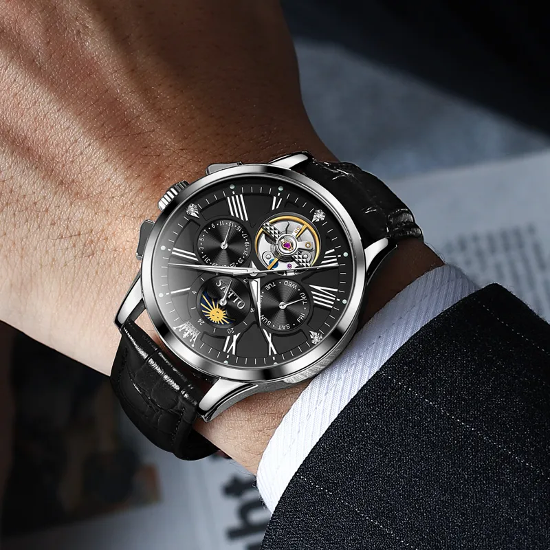 OLEVS Wisdom Series Mechanical Movement Leather Strap Watch Men's Watches Black Dial-9