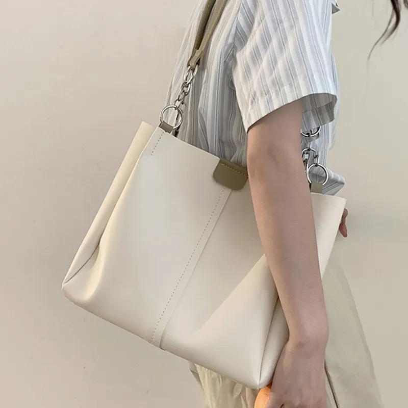 VINEY Cow Leather Tote Bag, Shopping Bag, Shoulder Bag Large Size Women's White & Green-3