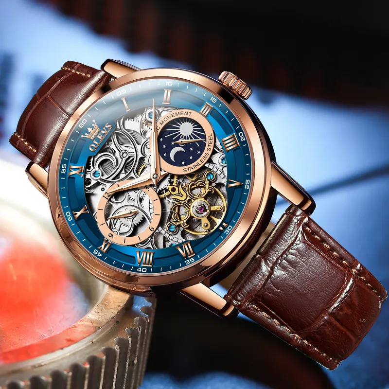 OLEVS Play The Cool Series Mechanical Movement Leather Watch Bands Watch Men's Watches Black Dial-13